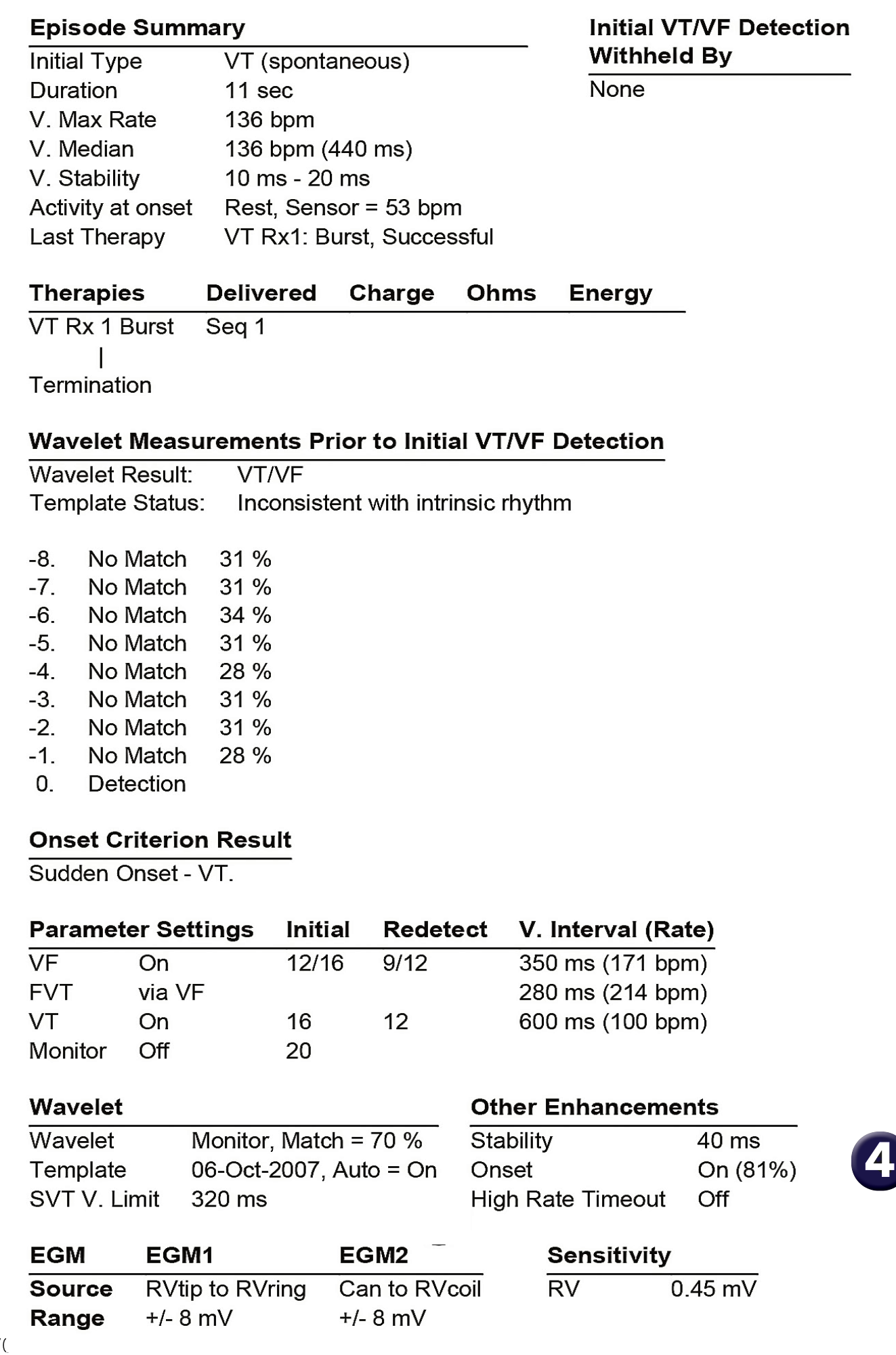 Medtronic ICD electrogram, segment 1 of 1 — Discriminators available on a single-chamber defibrillator