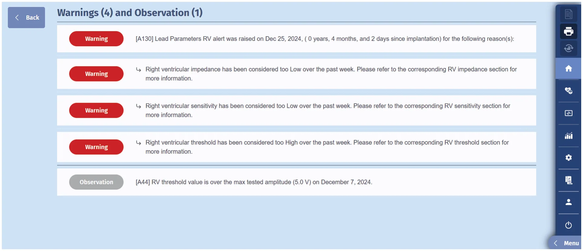 MicroPort ICD, Interrogation — Lead Parameters Evaluation (LPE) RV alert